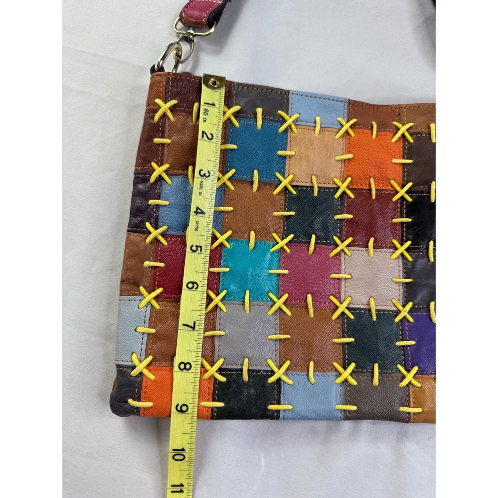 AmeriLeather Patchwork Leather Crossbody Bag Multicolor Whipstitch Hobo - Picture 3 of 16